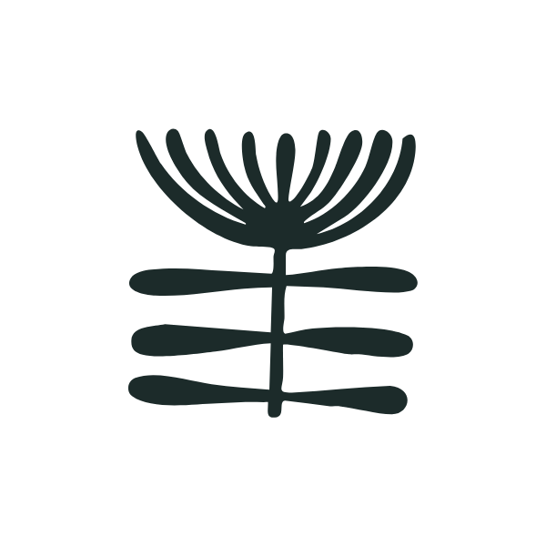 A black and white line drawing of a stylized plant with a large fan-shaped top, a central stem, and several horizontal branches or leaves.