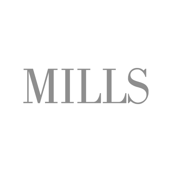 The image features the word 'MILLS' in large, gray capital letters centered on a black background.