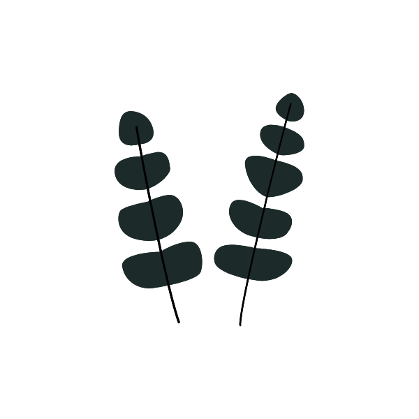 Silhouette of two stylized plants with rounded leaves on thin stems.