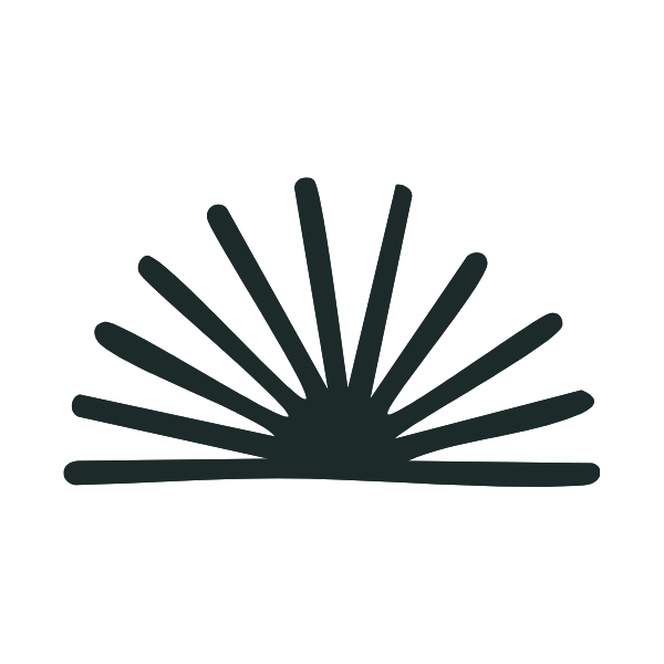 A stylized line drawing of a sunrise with rays emanating from the horizon.