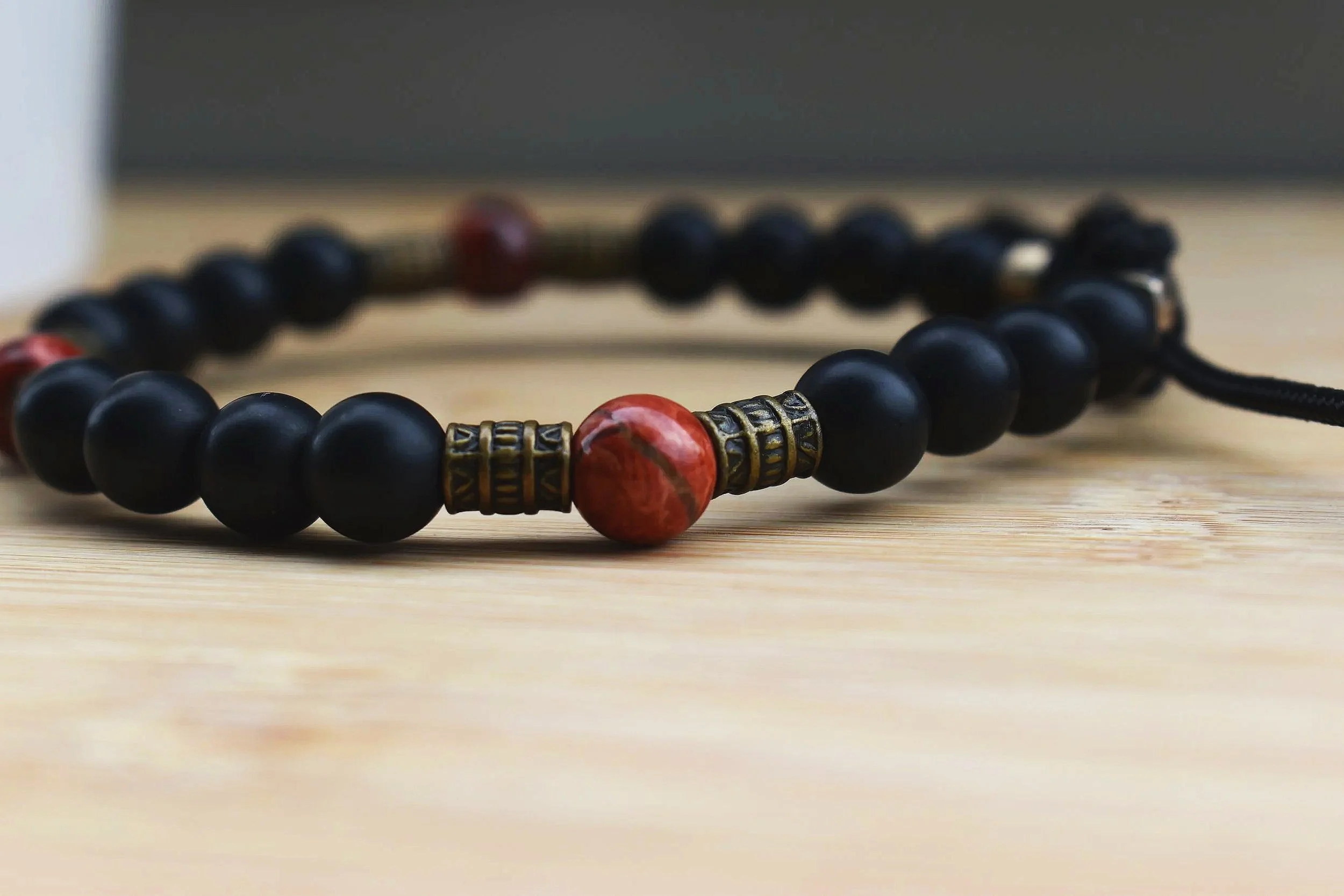 Black Onyx & Red Snakeskin Jasper Cord Bracelet