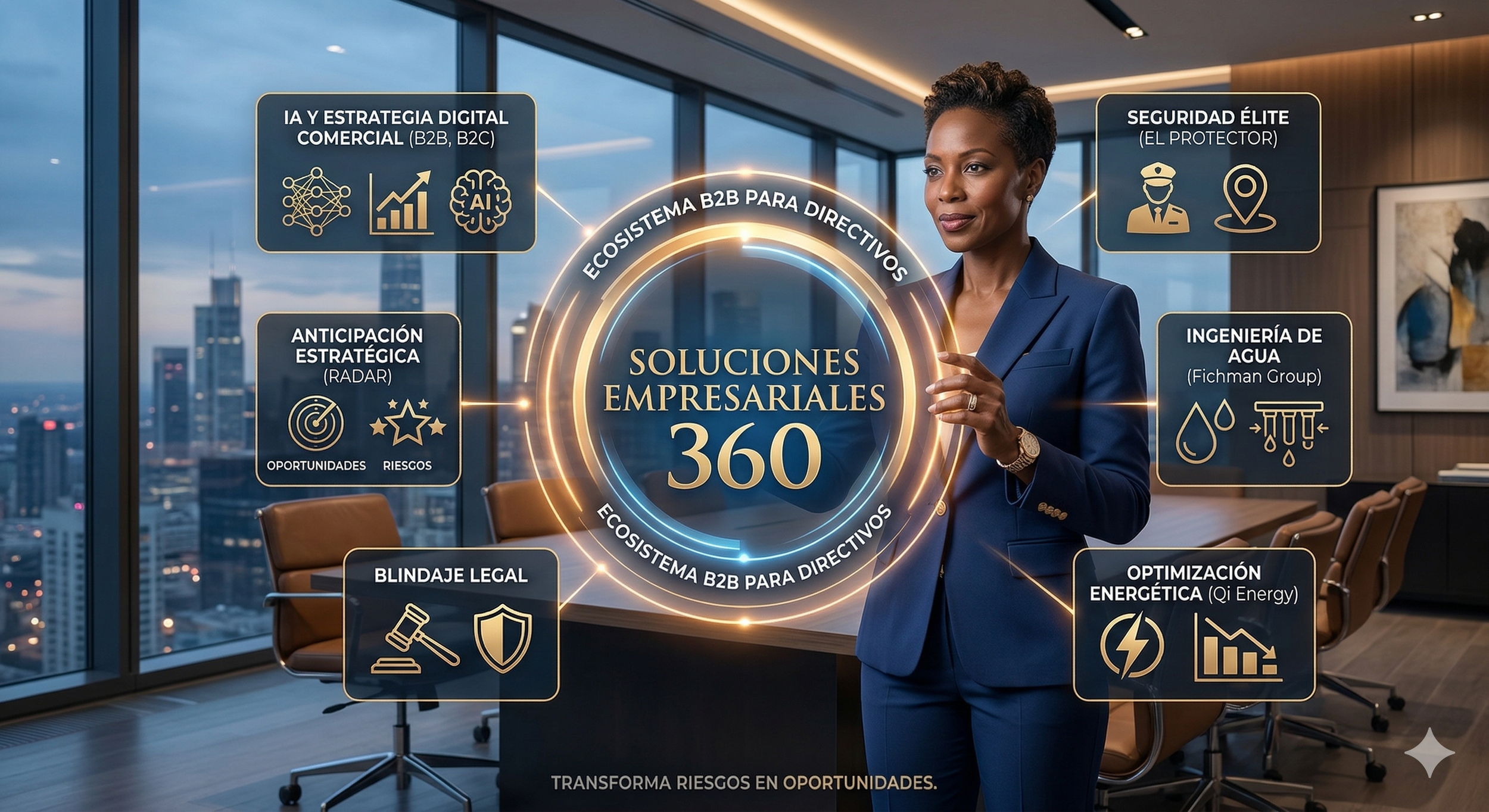Imagen de una mujer de negocios en una sala de reuniones moderna, con vista a la ciudad, mostrando un esquema digital con soluciones empresariales y conceptos como estrategia digital, seguridad, ingeniería de agua, energía, legal y predicción estratégica.