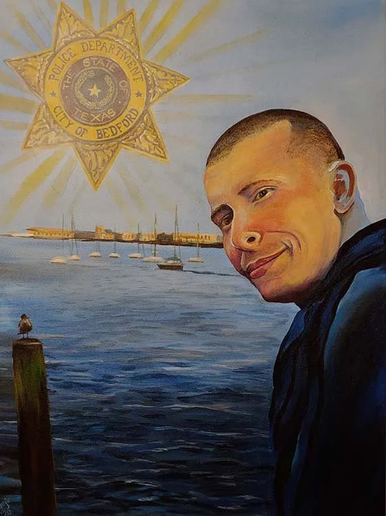 Painting of a young man smiling near the water with boats, featuring a gold police badge for the City of Bedford, Texas, in the sky.
