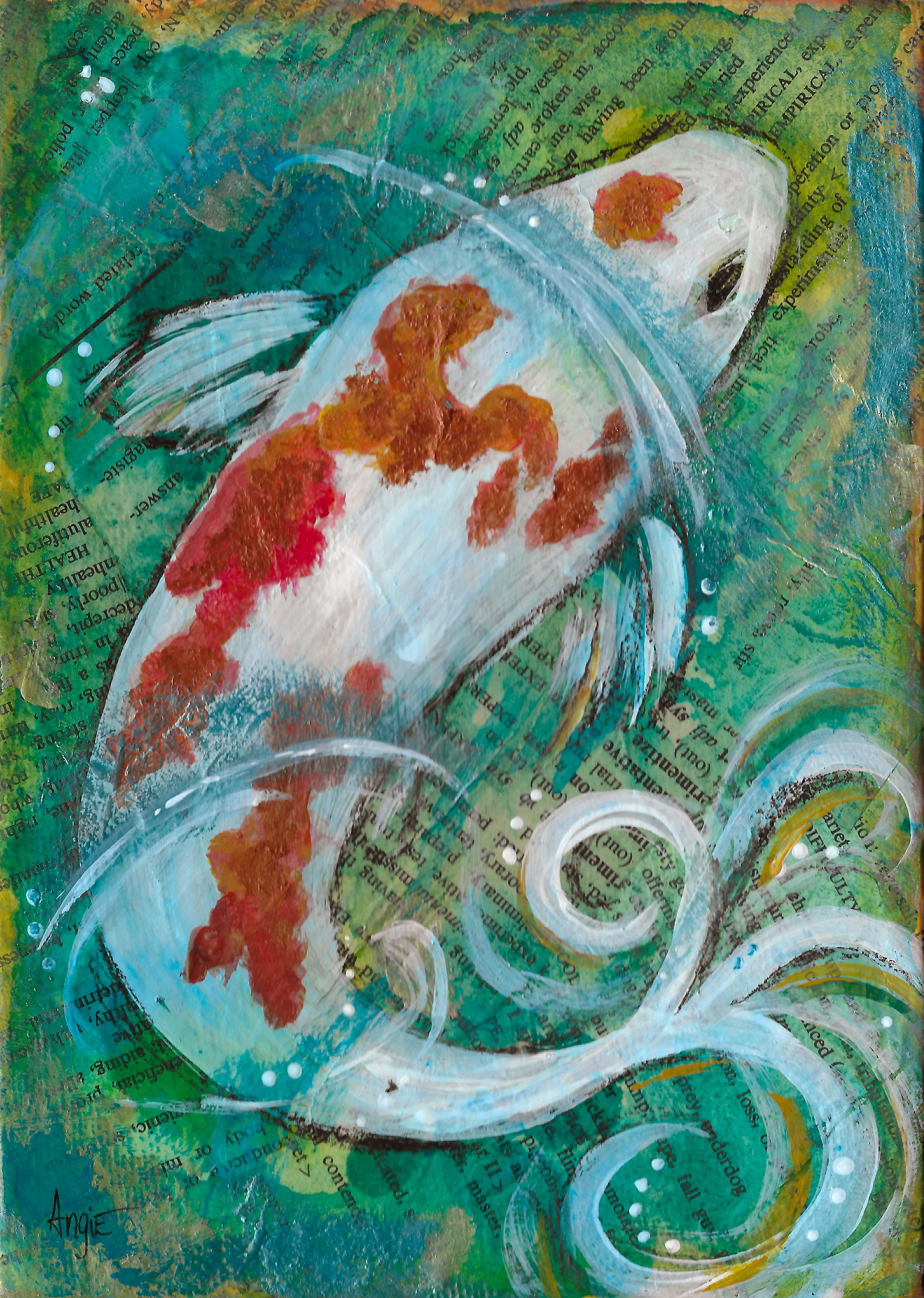 A colorful painting featuring a whimsical koi fish. The koi fish is primarily white with orange and black details, and the background is vibrant with greens, blues, and hints of yellow.
