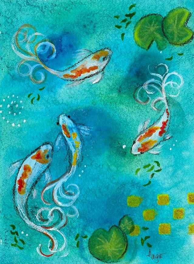 Watercolor painting of four koi fish swimming in a pond surrounded by lily pads and green foliage.
