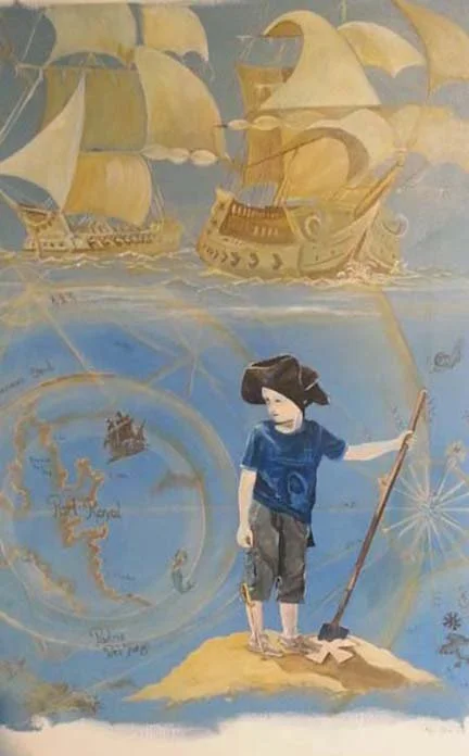 Painting of a young boy pretending to be a pirate.  The boy dreams of finding hidden treasure and the adventure of sailing the high seas.