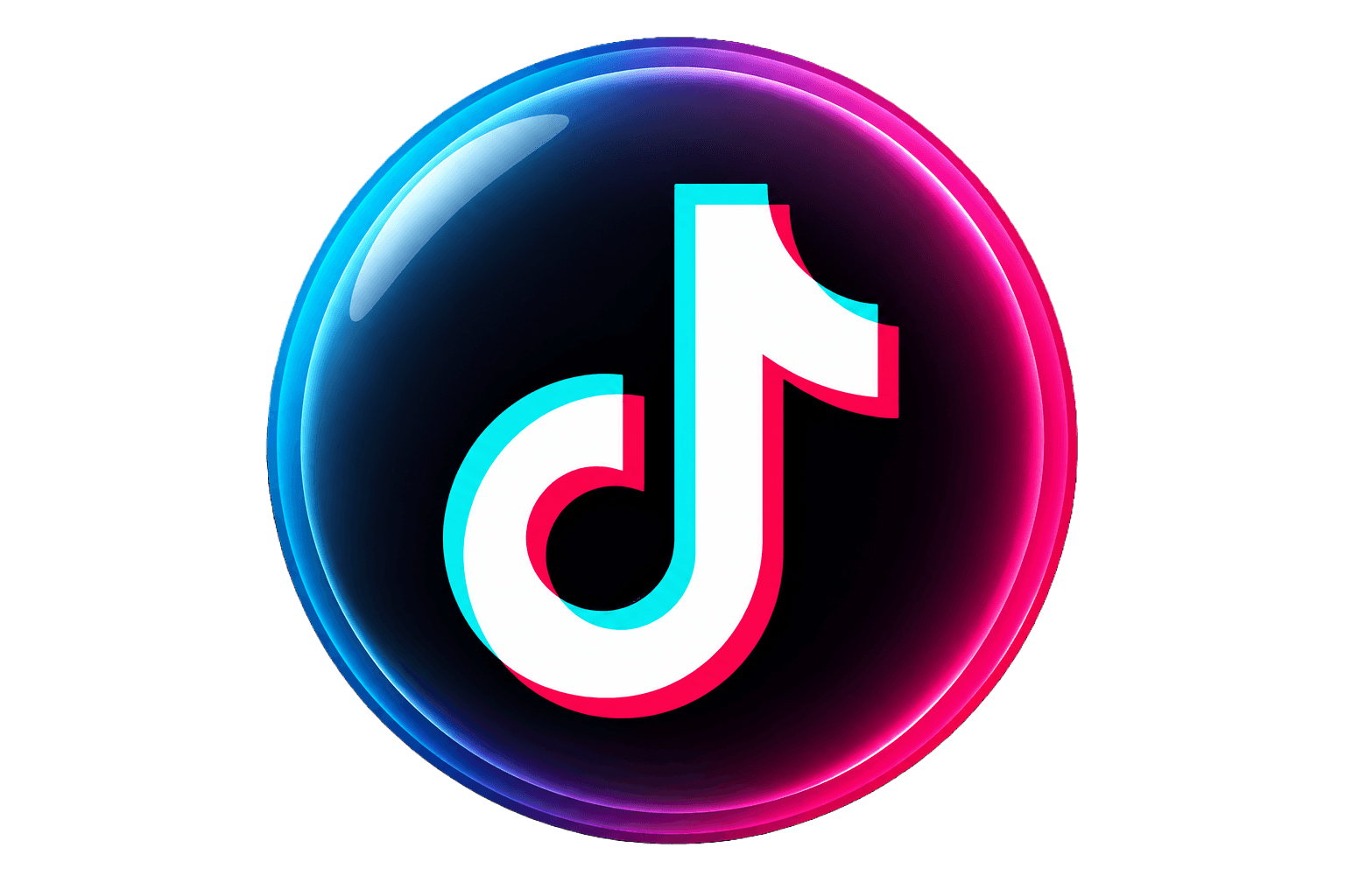 Neon-lit TikTok logo with pink, blue, and white colors on a black background.