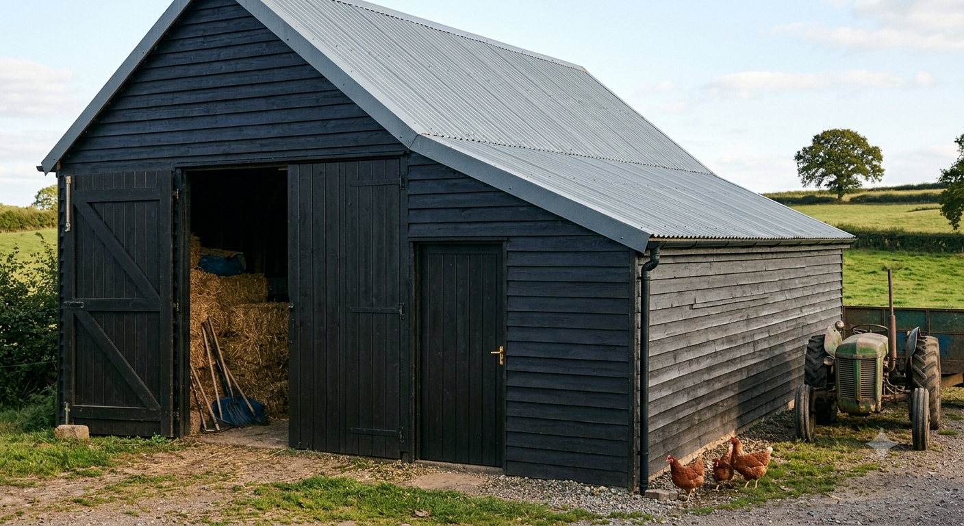 Black wooden barn with open door revealing hay bales inside, next to an old green tractor and three chickens outside, in a grassy rural landscape.