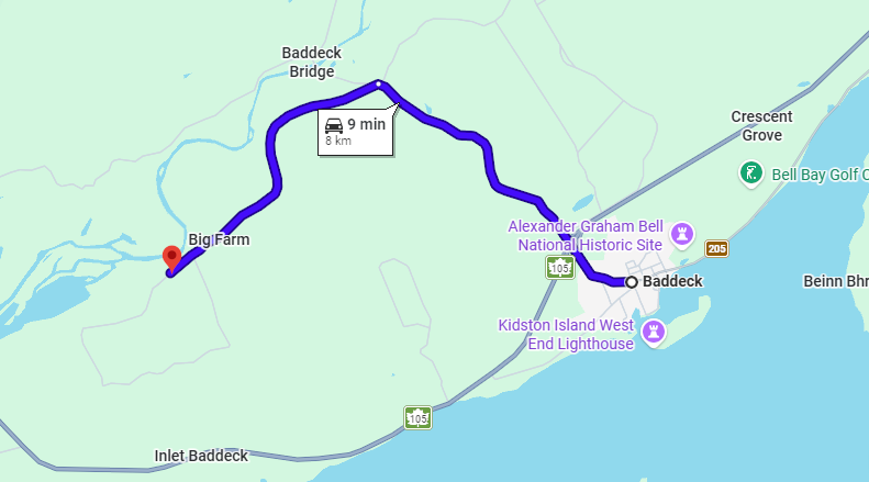 Map showing a driving route in Baddeck, Nova Scotia, from Alexander Graham Bell National Historic Site to Big Farm, with landmarks including Crescent Grove, Bell Bay Golf Course, and Inlet Baddeck.