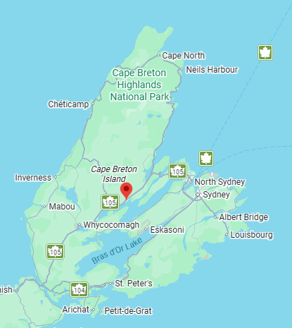 Map of Cape Breton Island in Nova Scotia, Canada, showing locations like Sydney, North Sydney, Cape Breton Highlands National Park, and other towns.