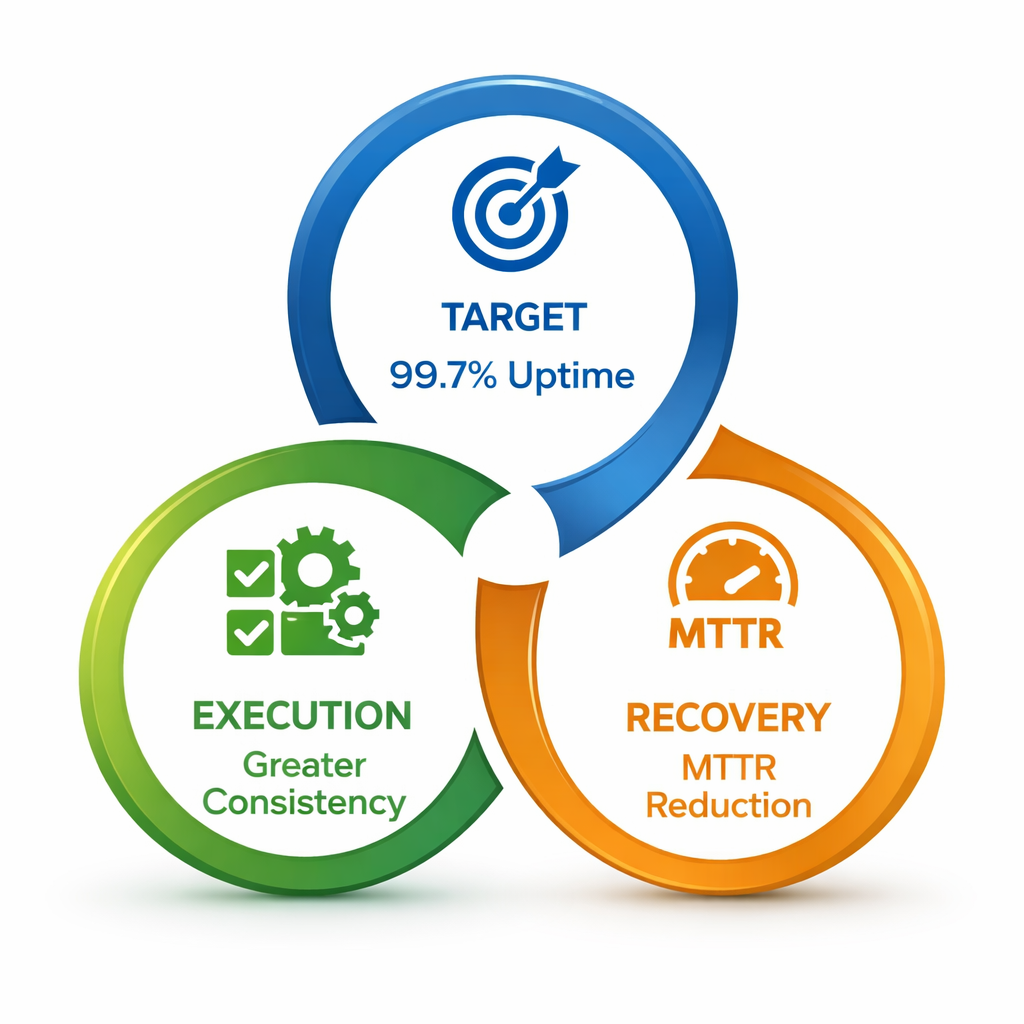 Celtic Innovations Goals 'Target' with '99.7% Uptime' and a bullseye icon; green circle labeled 'Execution'