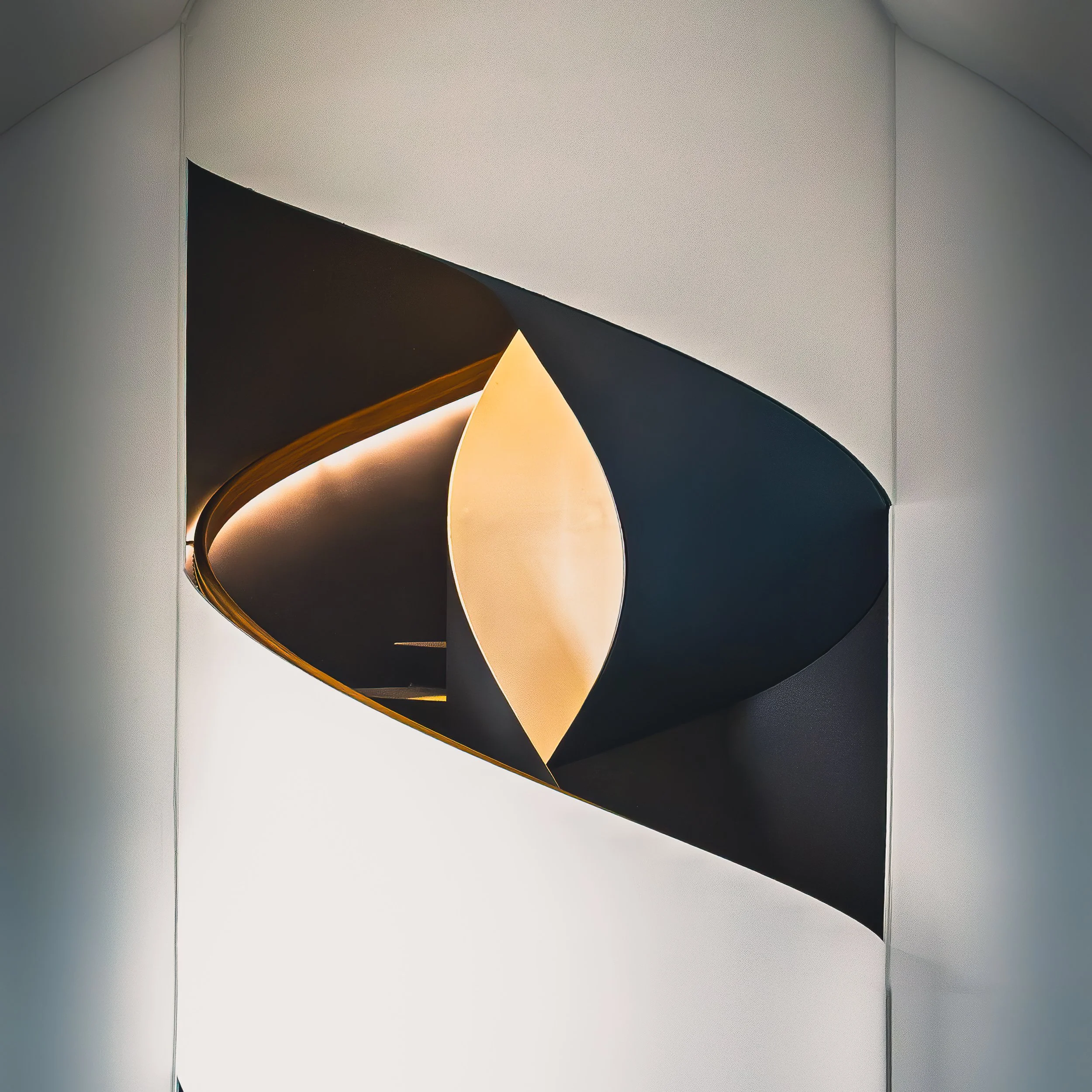 Abstract architectural detail with curved black and white shapes and warm light