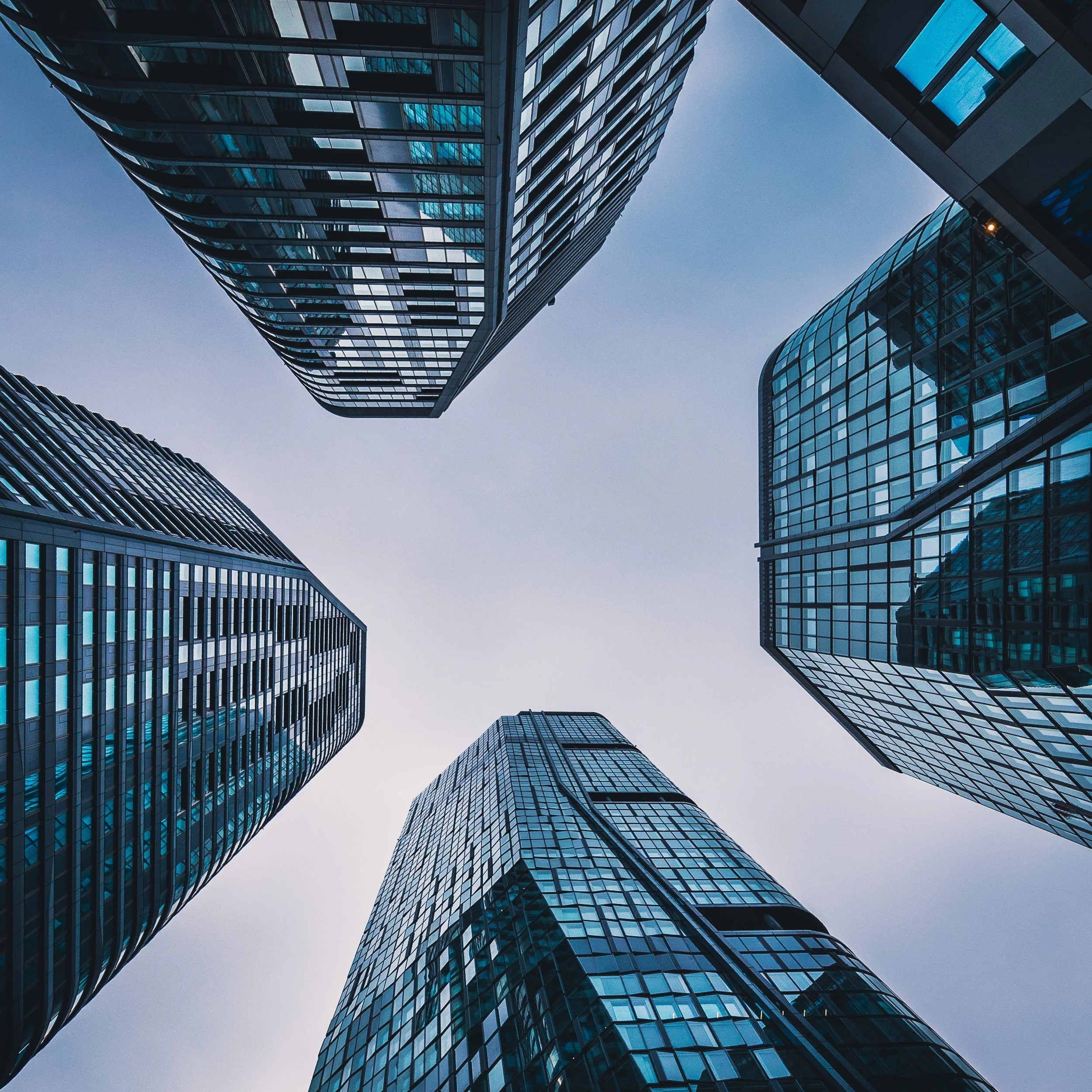 Upward view between the towers of FOUR Frankfurt