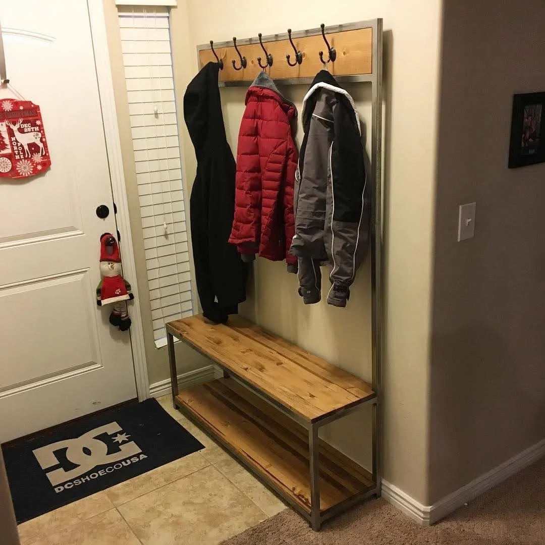 Custom entryway bench with metal hooks and a square bench