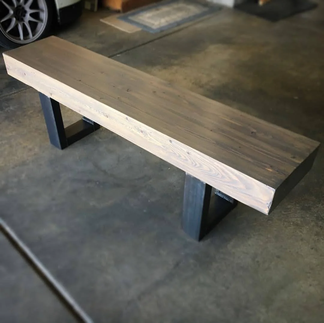 Custom wooden bench with welded metal square legs