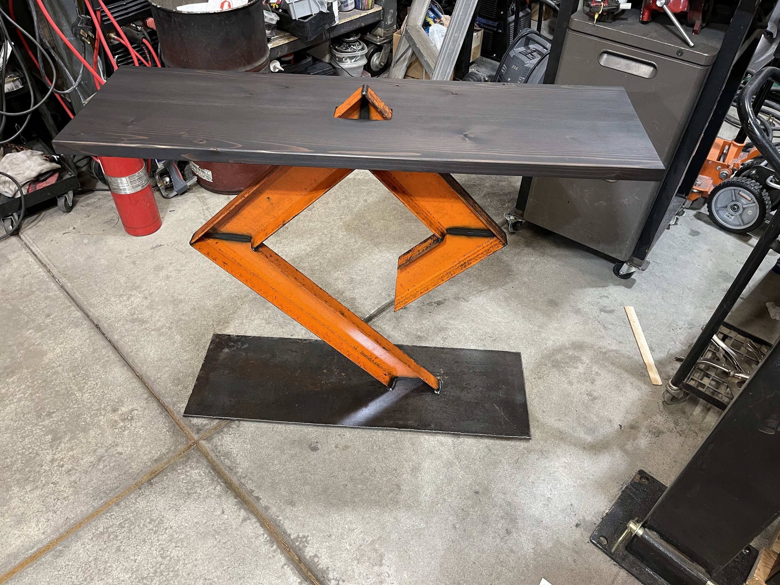 Custom "P" logo table with wood top