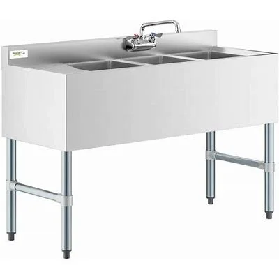 Three Bowl Underbar Sink with Faucet and Drainboards