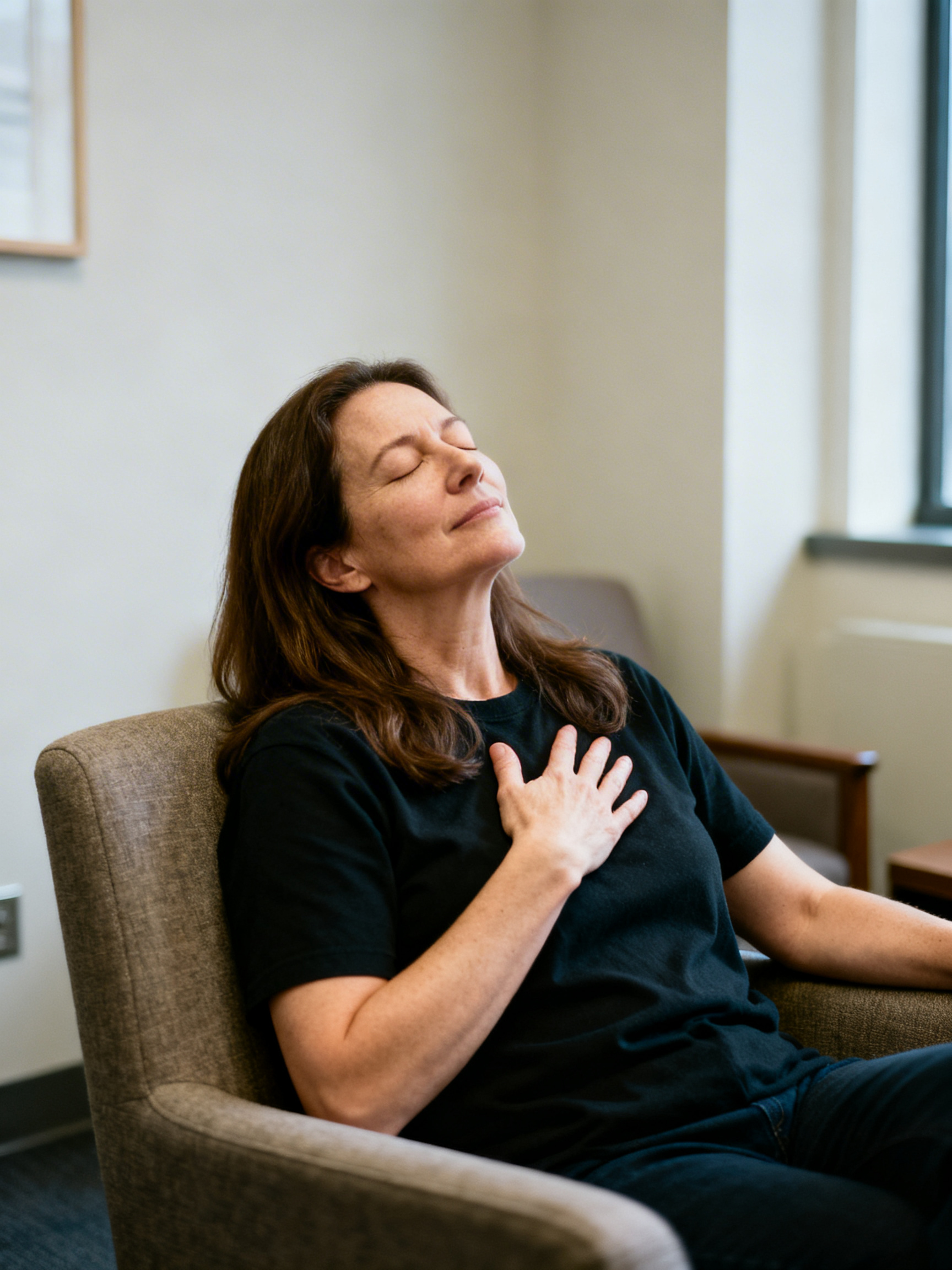 A woman sitting in a chair with her eyes closed, hand on her chest, as if experiencing or practicing self-care or relaxation.