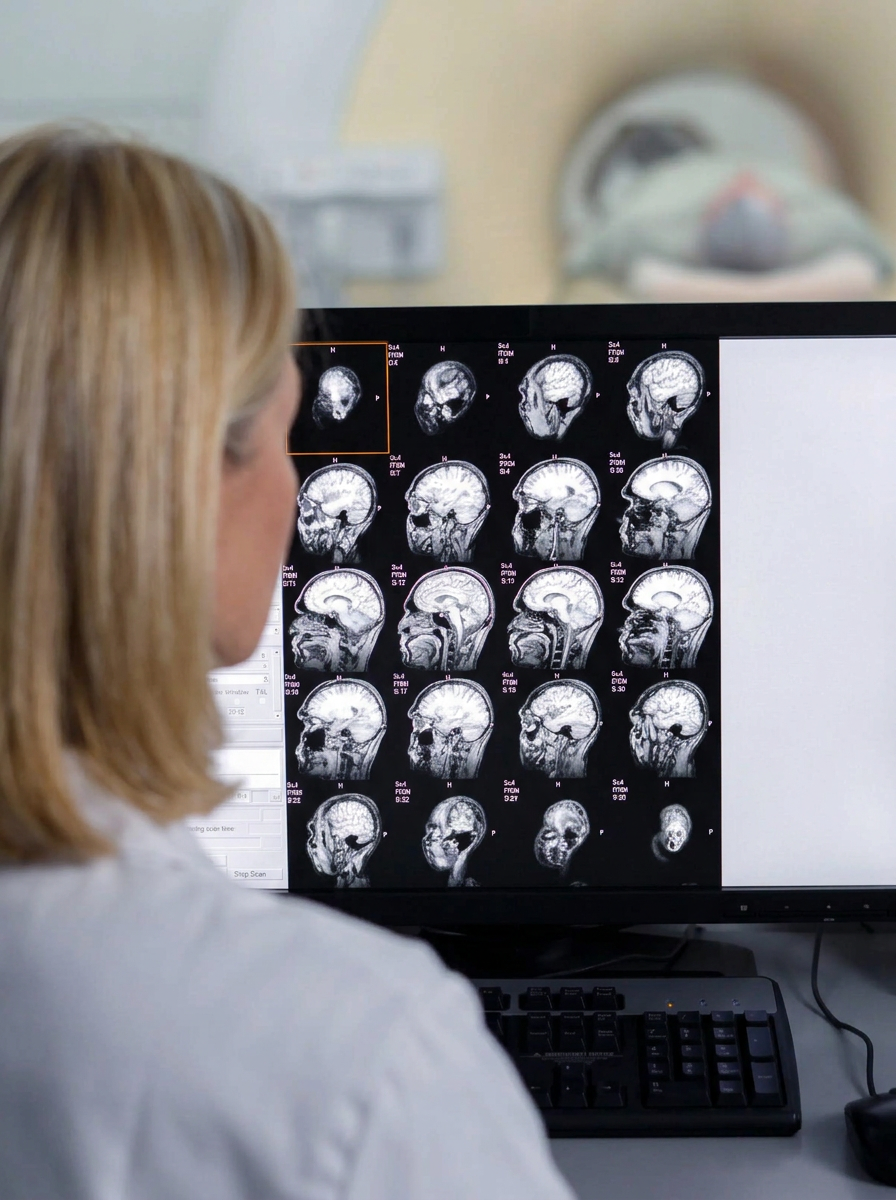 Radiologue Normedis analysant des images IRM cérébrales sur écran