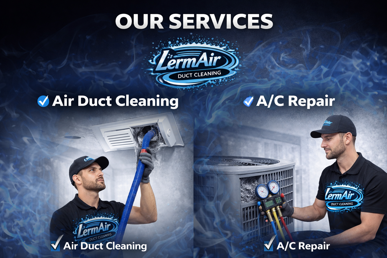 Advertisement for LermAir duct cleaning services, showing two technicians: one cleaning an air vent, the other repairing an air conditioning unit. Text highlights services including air duct cleaning and A/C repair.