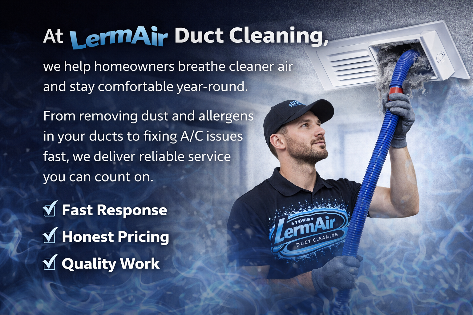 A man wearing a Lermair Duct Cleaning uniform and gloves holding a flexible hose near an air vent in the ceiling, promoting duct cleaning services.