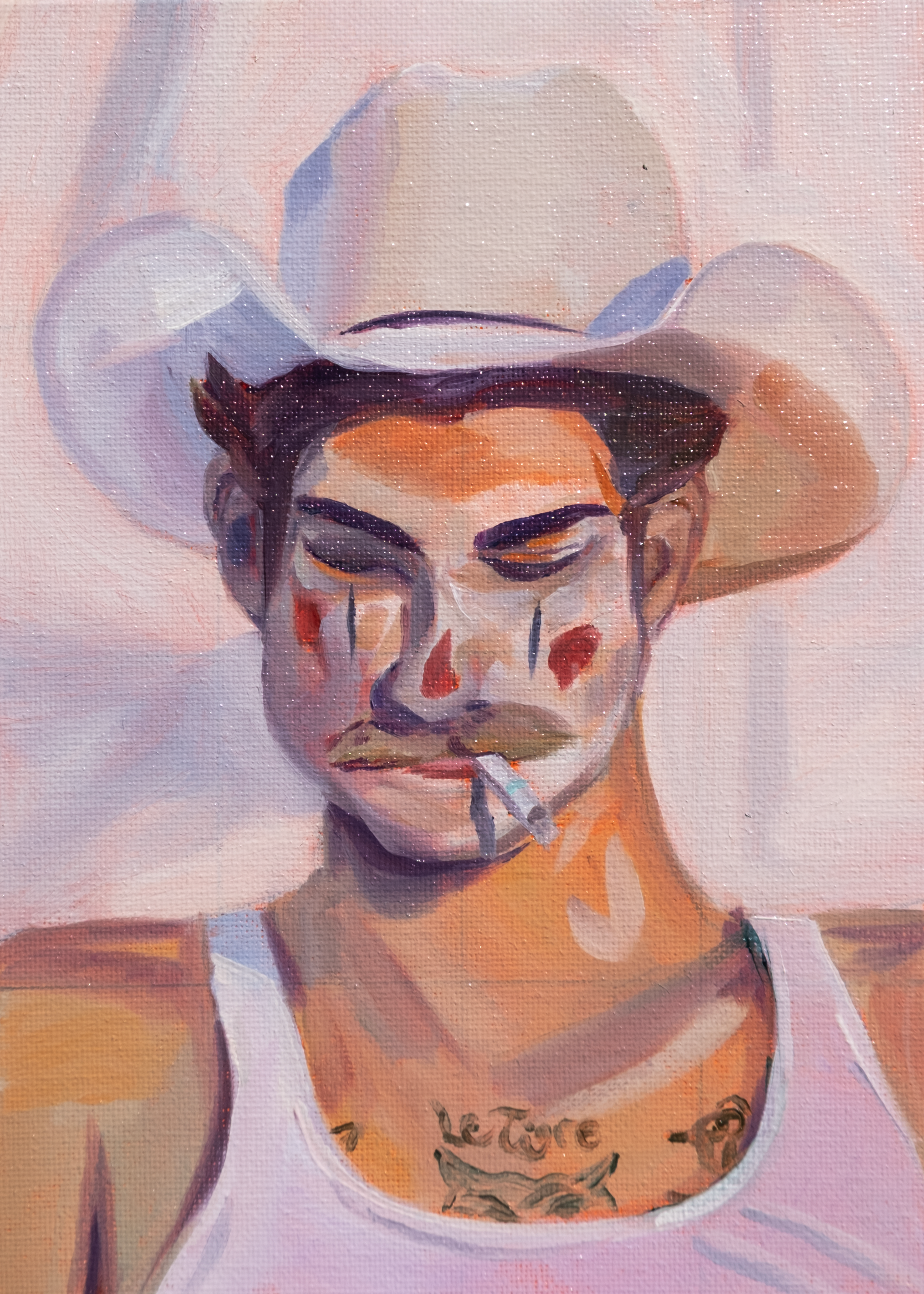 Haiku: The rodeo clown \
Used secondaries only \
Orange, Purple, Green. 