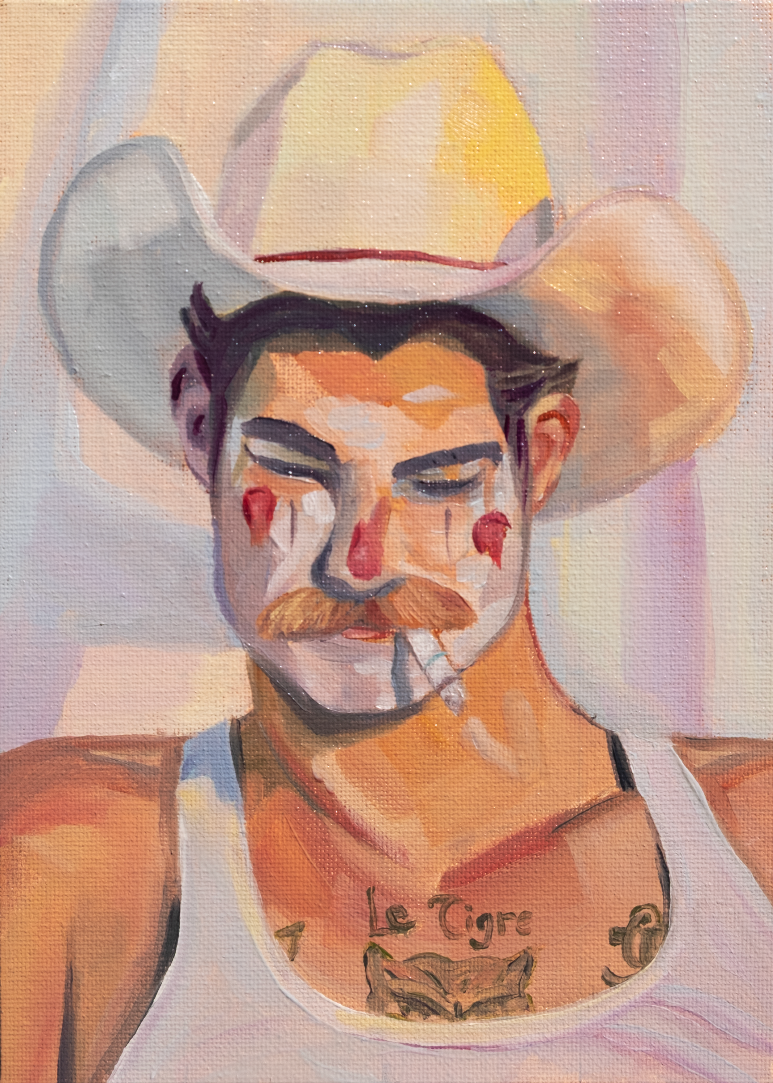 Haiku: The rodeo clown \  Rainbow pastel in oil paint \ They call him "pretty"