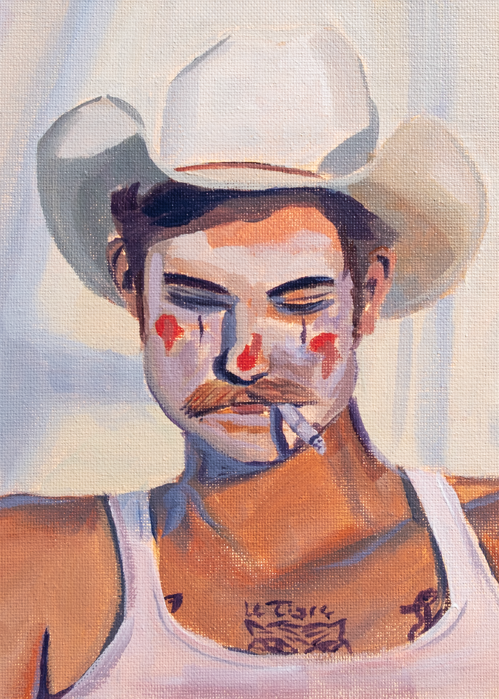 Haiku: The rodeo clown \  Tried and true, acrylic paint \ Him? He's just a boy