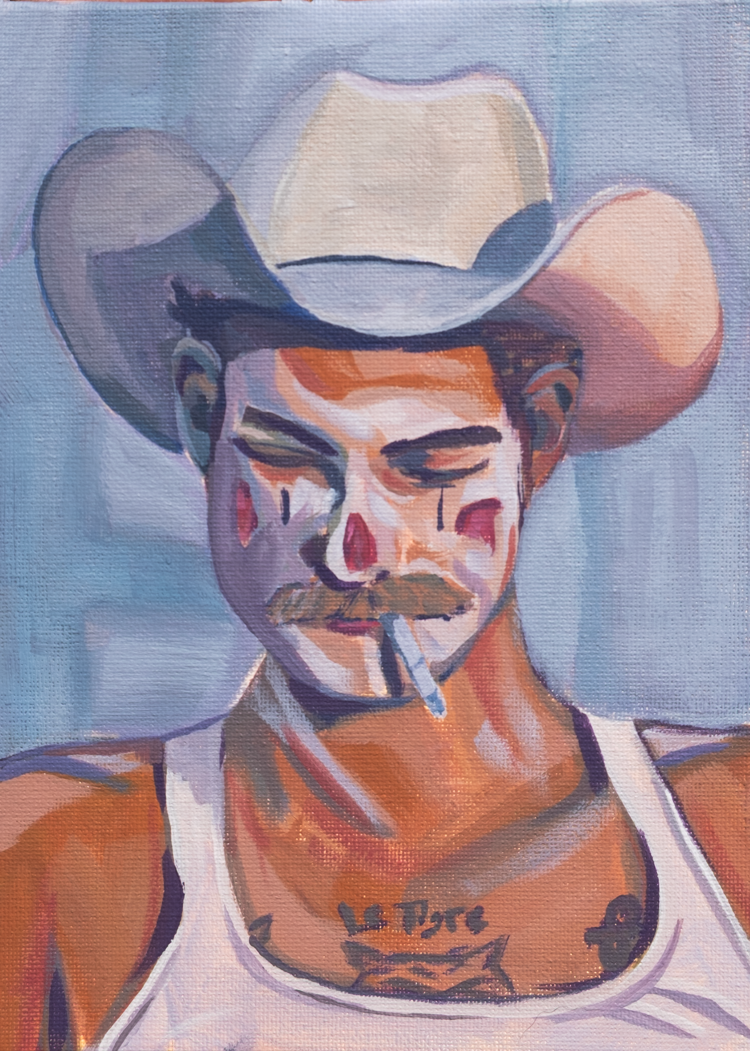 Haiku: The rodeo clown \  First time with acrylic gouache \  Neon moon lighting