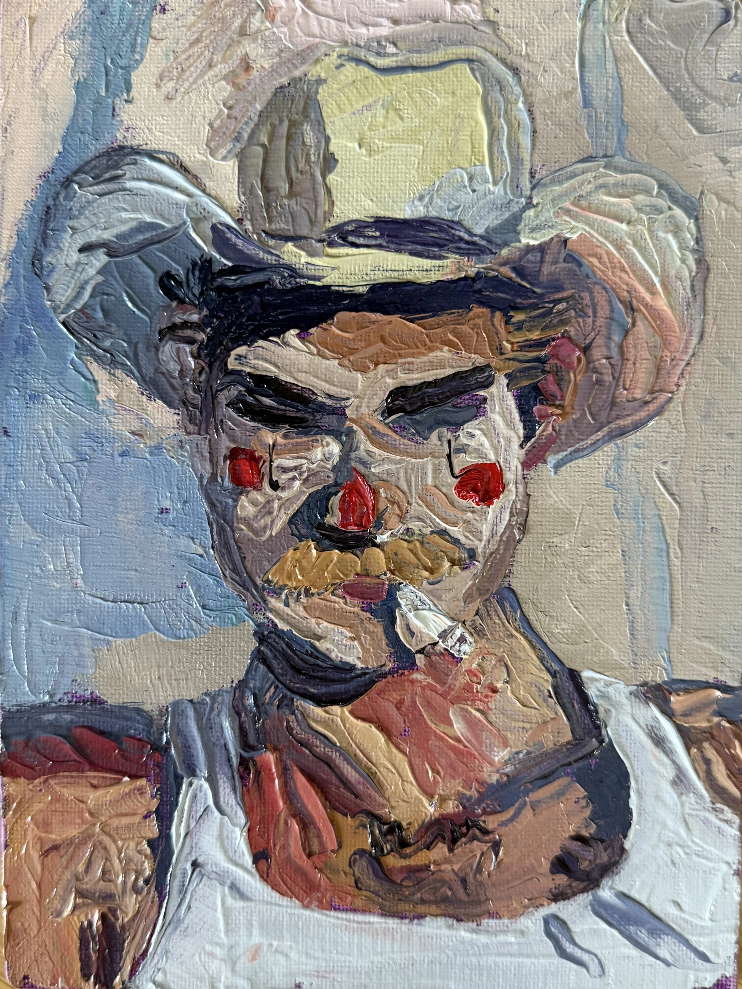 Haiku: The rodeo clown \
with only a palette knife \
and pulled-up boot straps
