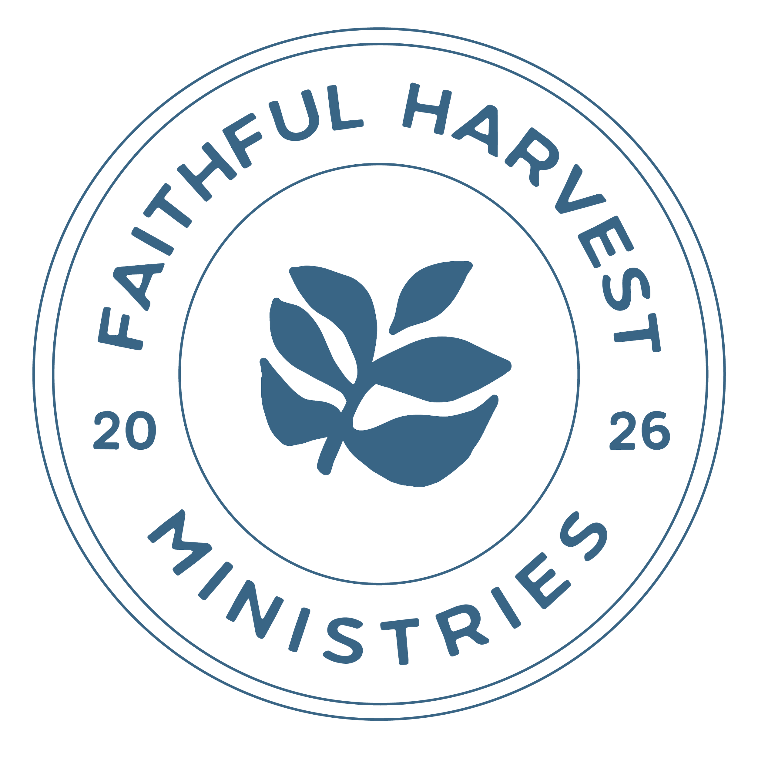 Badge with a leaf design in the center, surrounded by the text 'FAITHFUL HARVEST MINISTRIES 2026' in a circular pattern.