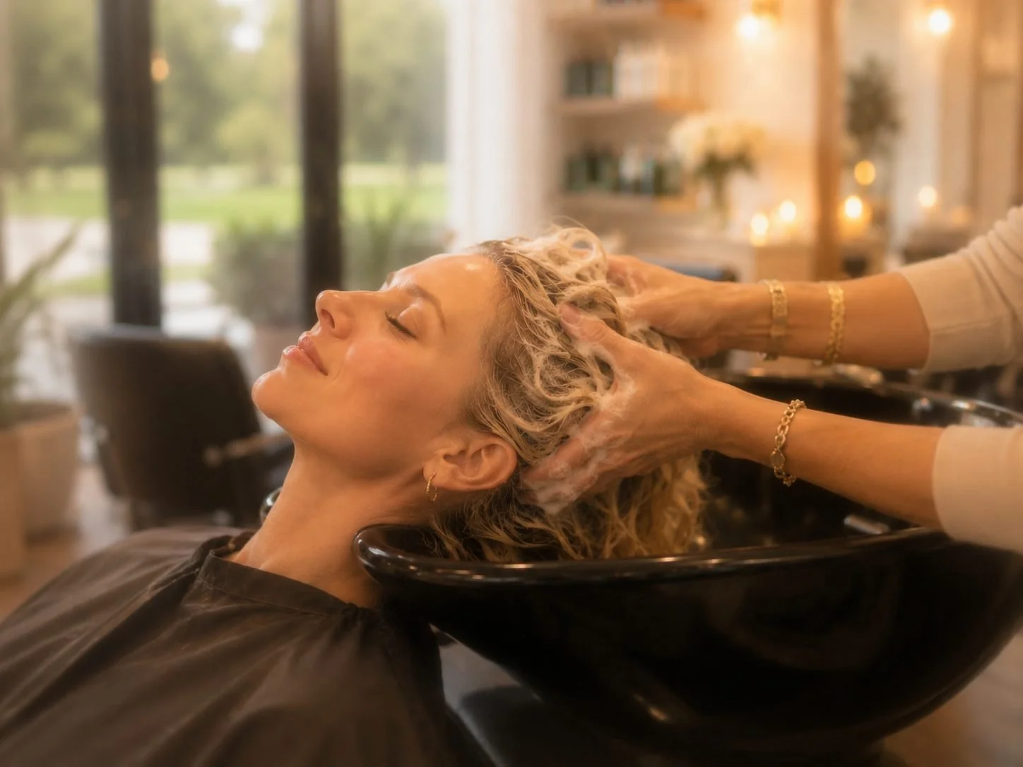 Client enjoying a relaxing shampoo and scalp massage at a private hair salon in Powell, Ohio