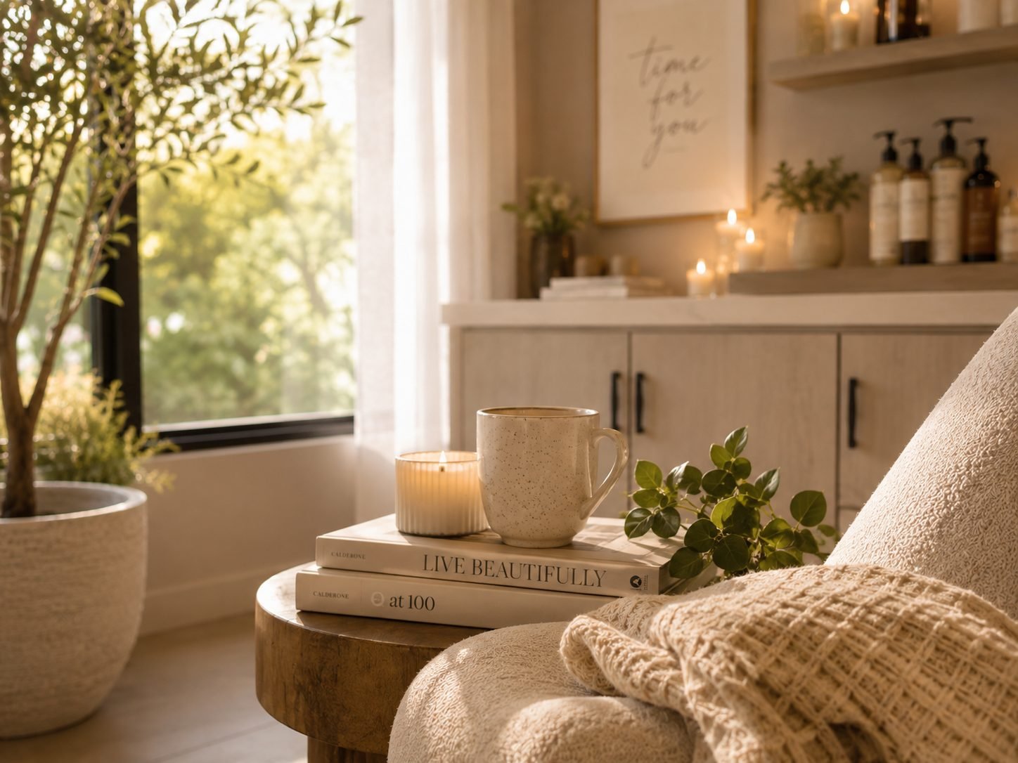 Cozy seating area in a private hair salon with warm natural light