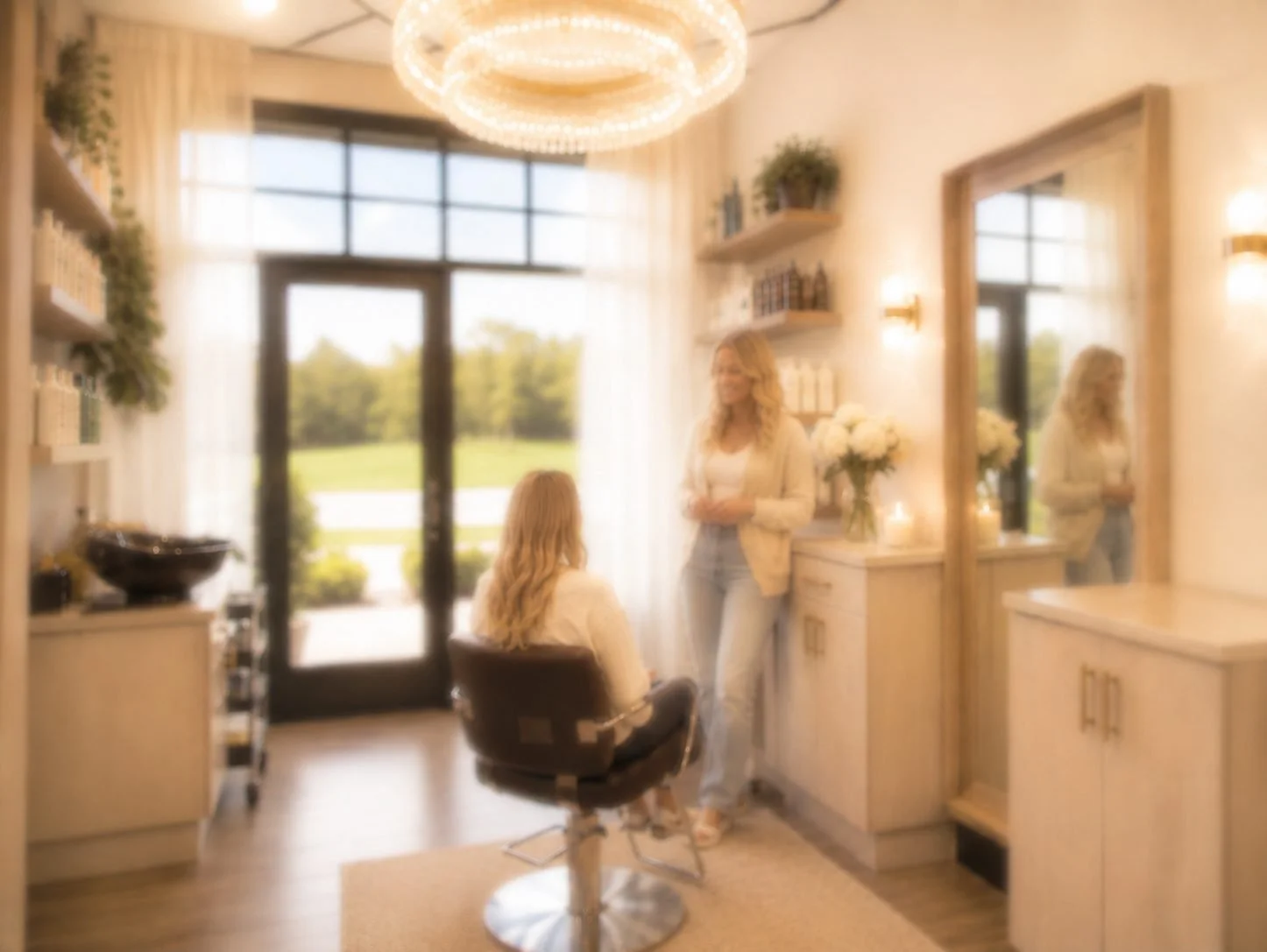 Hairstylist consulting with a client about her hair goals in a private salon in Powell, Ohio