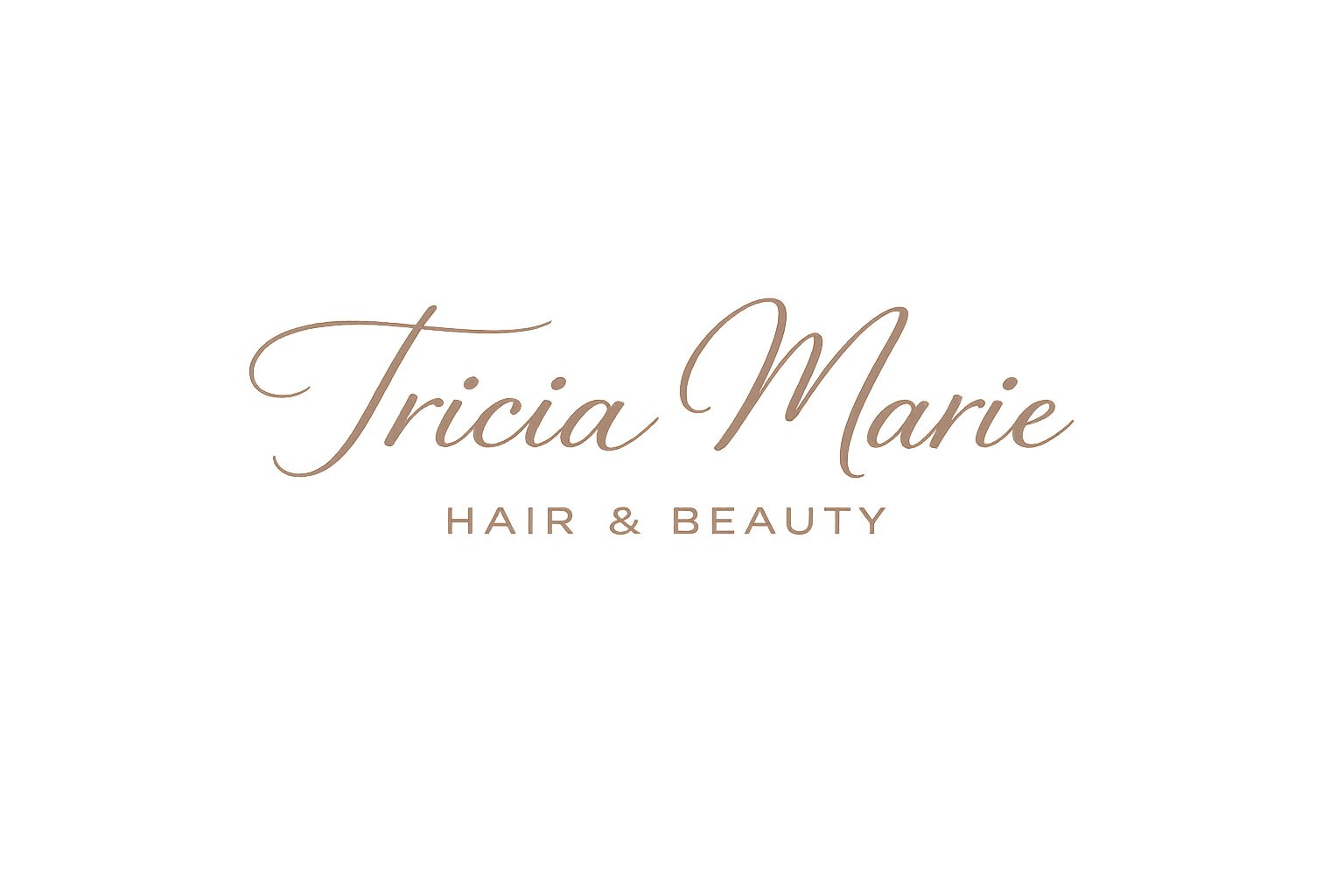 Logo for Tricia Marie Hair & Beauty with elegant cursive text on a black background.