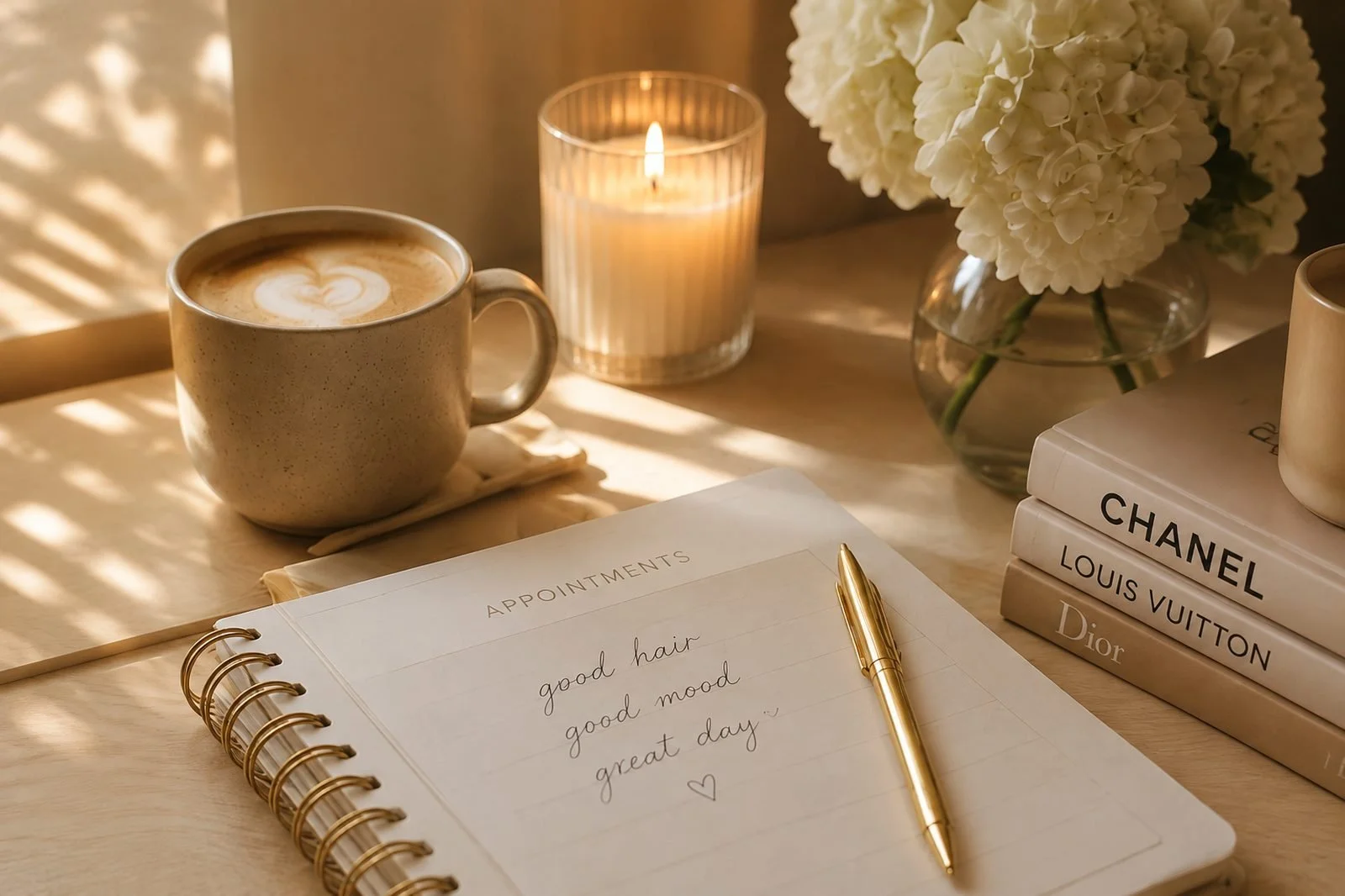 Coffee and appointment planner representing preparation for a relaxing hair salon visit in Powell, Ohio