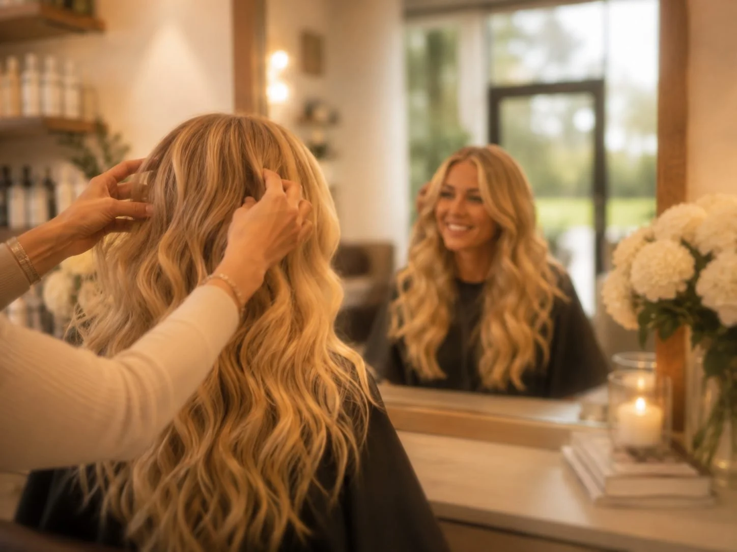 Client with long dimensional blonde highlights after her hair appointment in Powell, Ohio