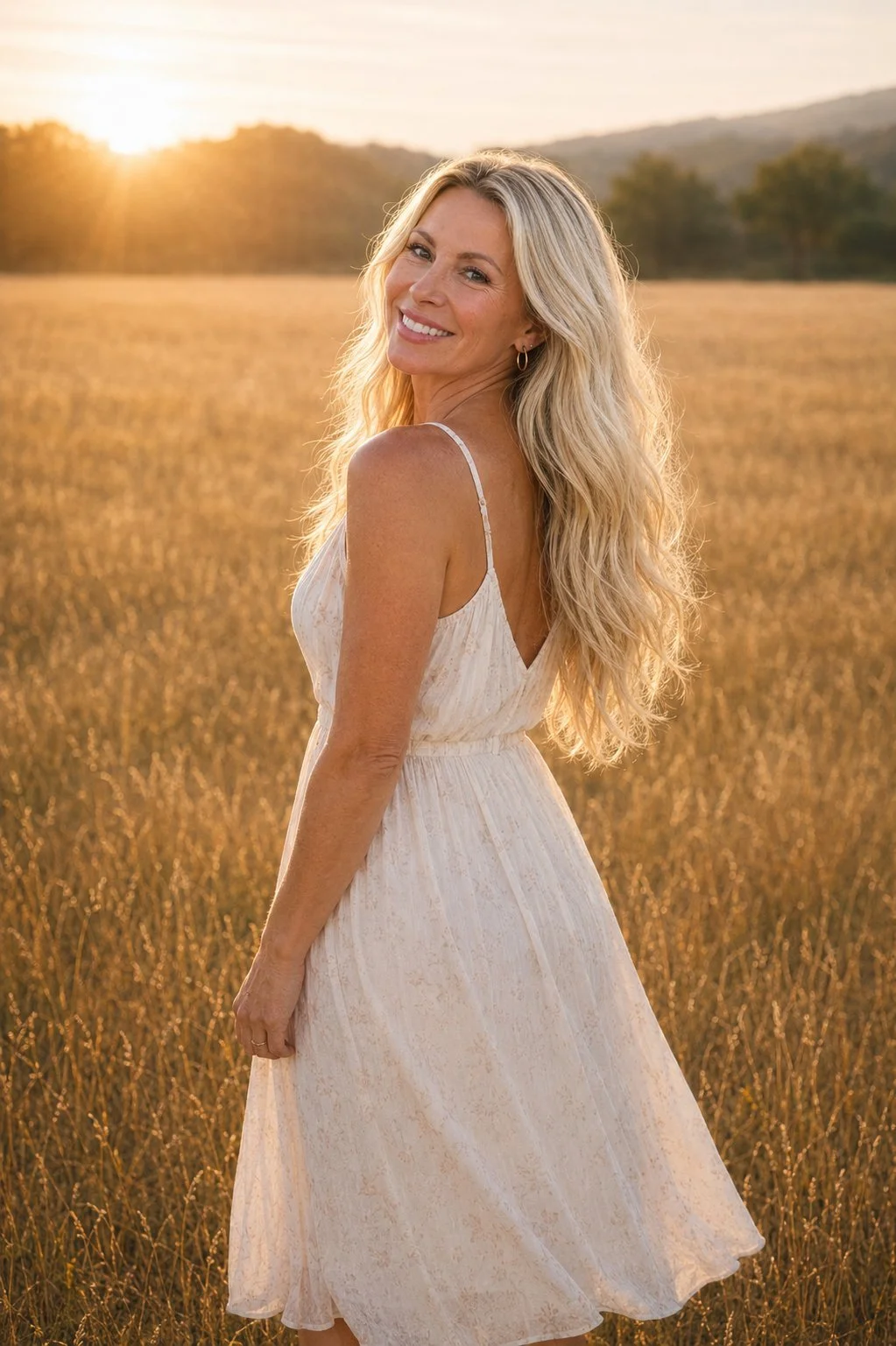 Tricia Marie, blonde hairstylist in Powell, Ohio, outdoors in a sunlit field