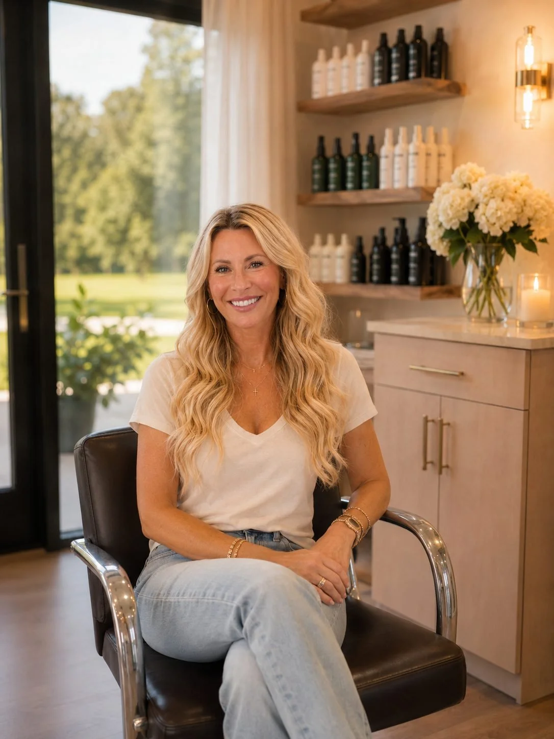 Tricia Marie, blonde hairstylist, seated in her private hair salon in Powell, Ohio