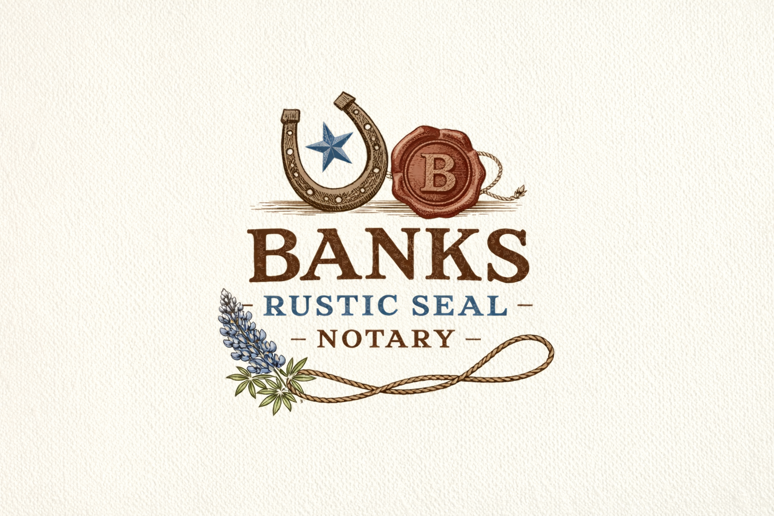 Vintage-style logo for a notary called 'Banks Rustic Seal Notary,' featuring a horseshoe with a star inside, a wax seal with the letter B, a sprig of lavender, and a rope design.