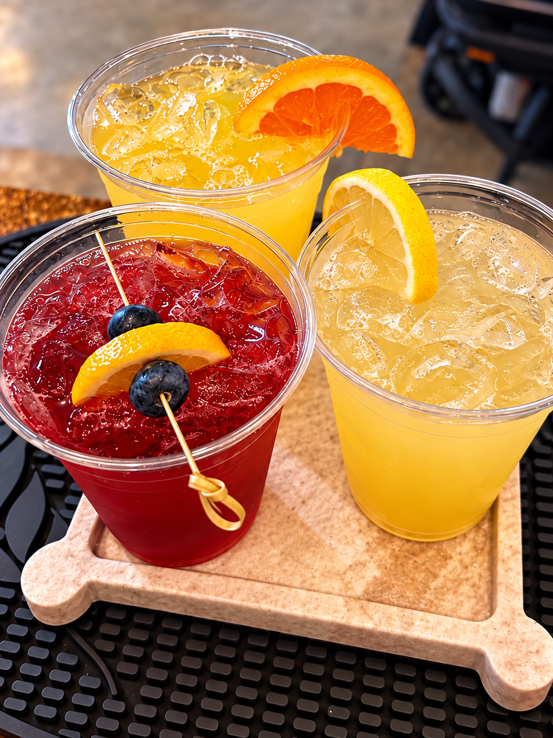 Three clear plastic cups filled with iced drinks on a wooden tray. The drinks are garnished with lemon, orange, and cherry slices, with one drink also having a skewer with blueberries and a lemon wedge. The drinks are bright yellow and red, with ice cubes visible.