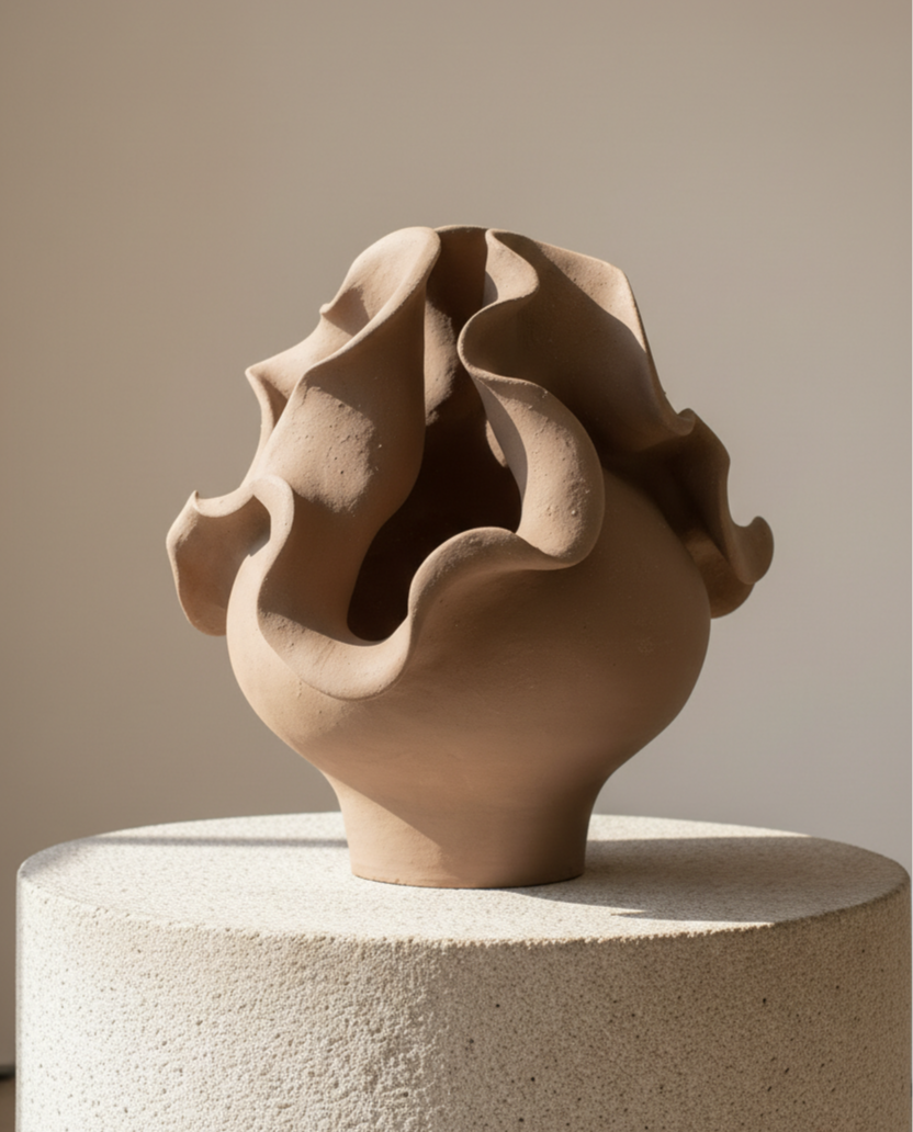 A beige ceramic vase with ruffled edges on a speckled white pedestal.