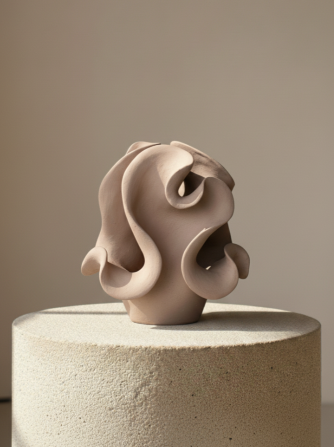 Abstract ceramic sculpture with flowing, curvilinear forms displayed on a textured pedestal.