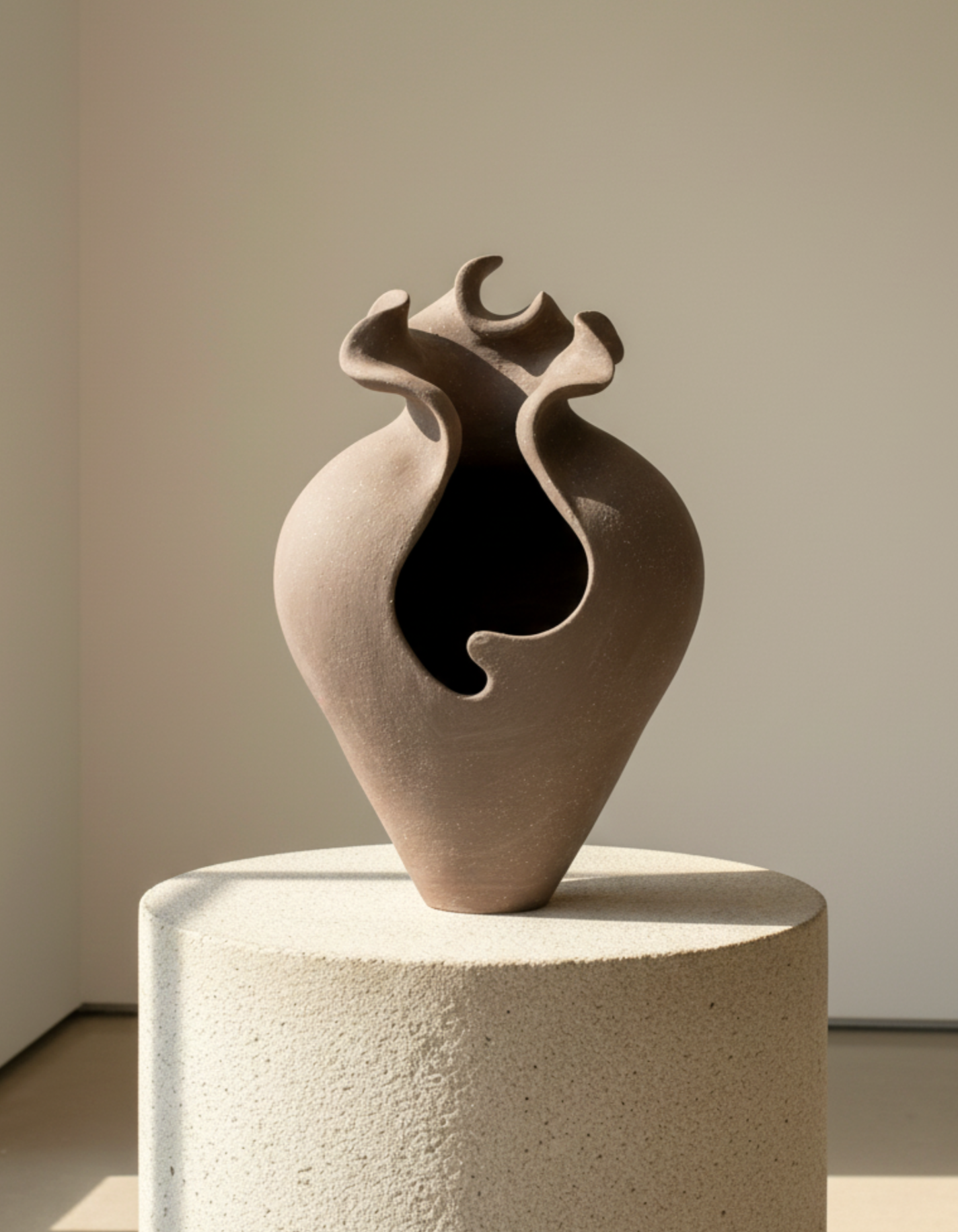 Modern ceramic sculpture with abstract, flowing shapes displayed on a white pedestal.