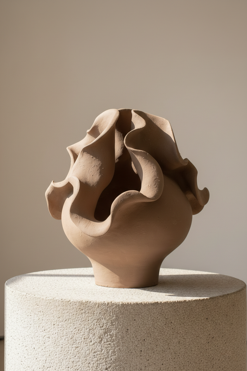 A beige ceramic vase with ruffled, wavy edges, positioned on a textured white pedestal.