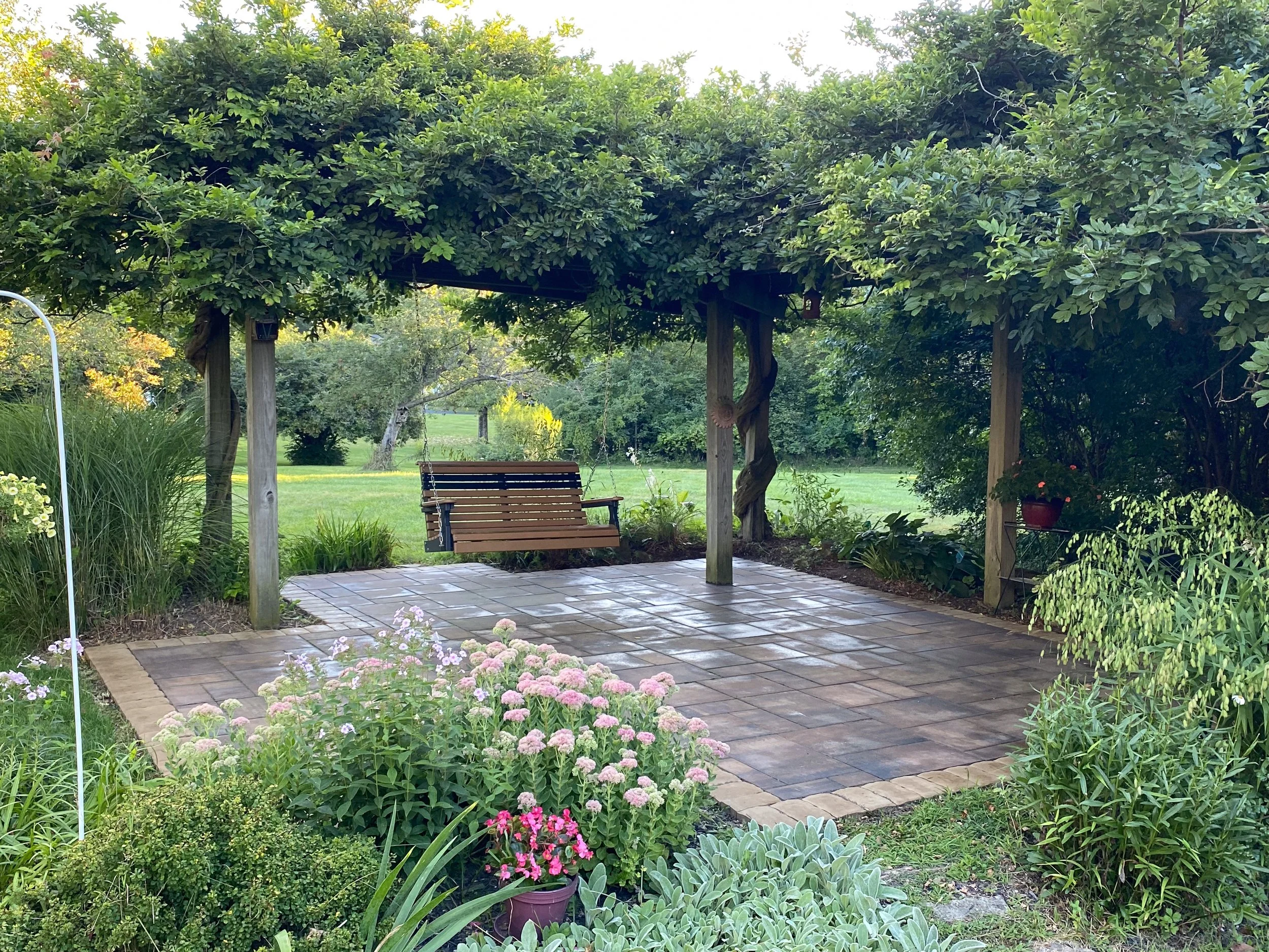 A backyard patio with a wooden swing under a green, leafy pergola. The area is paved with stone tiles and surrounded by various plants and flowers in bloom.