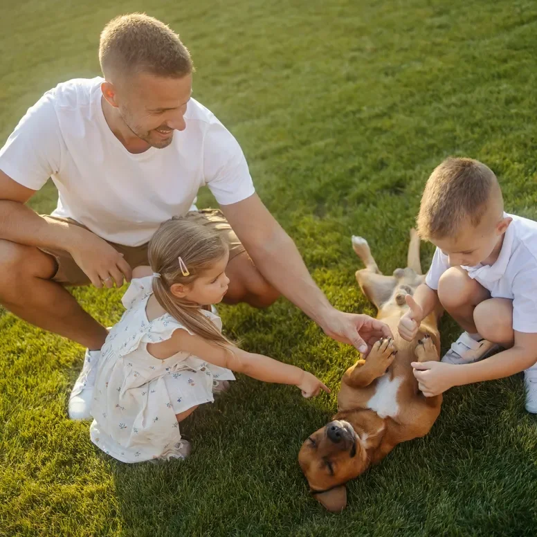 A man and two children, a girl and a boy, playing with a dog lying on its back on a green lawn. The man and the boy are petting the dog, while the girl points at it.