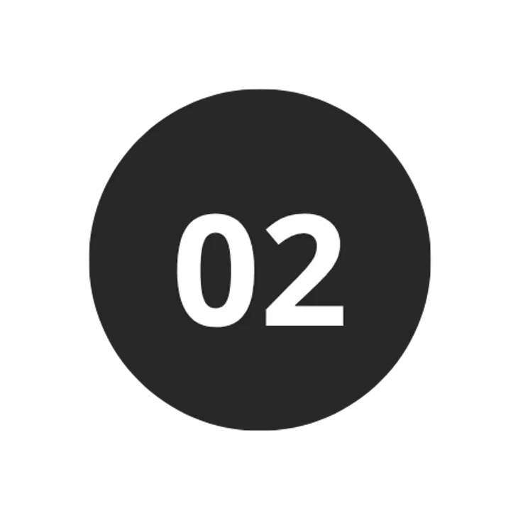 Black circular button with the number '02' in white in the center.