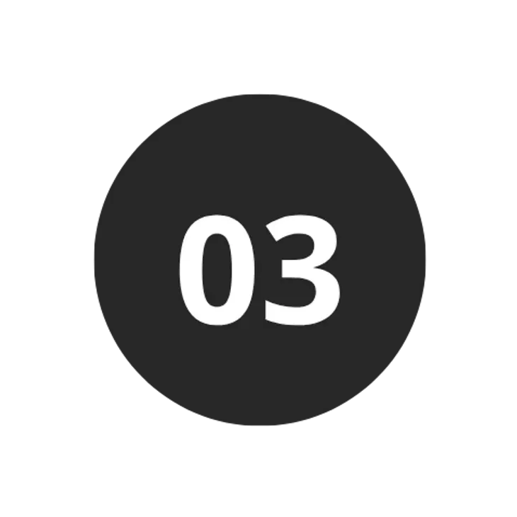 Black circular icon with the white number '03' in the center and lines extending to the right.