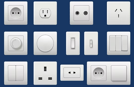 A collection of various electrical outlets and switches on a blue background.